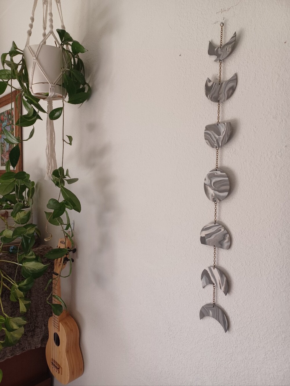 Handmade Marble Moon Phase Wall Hanging - Light Grey And White